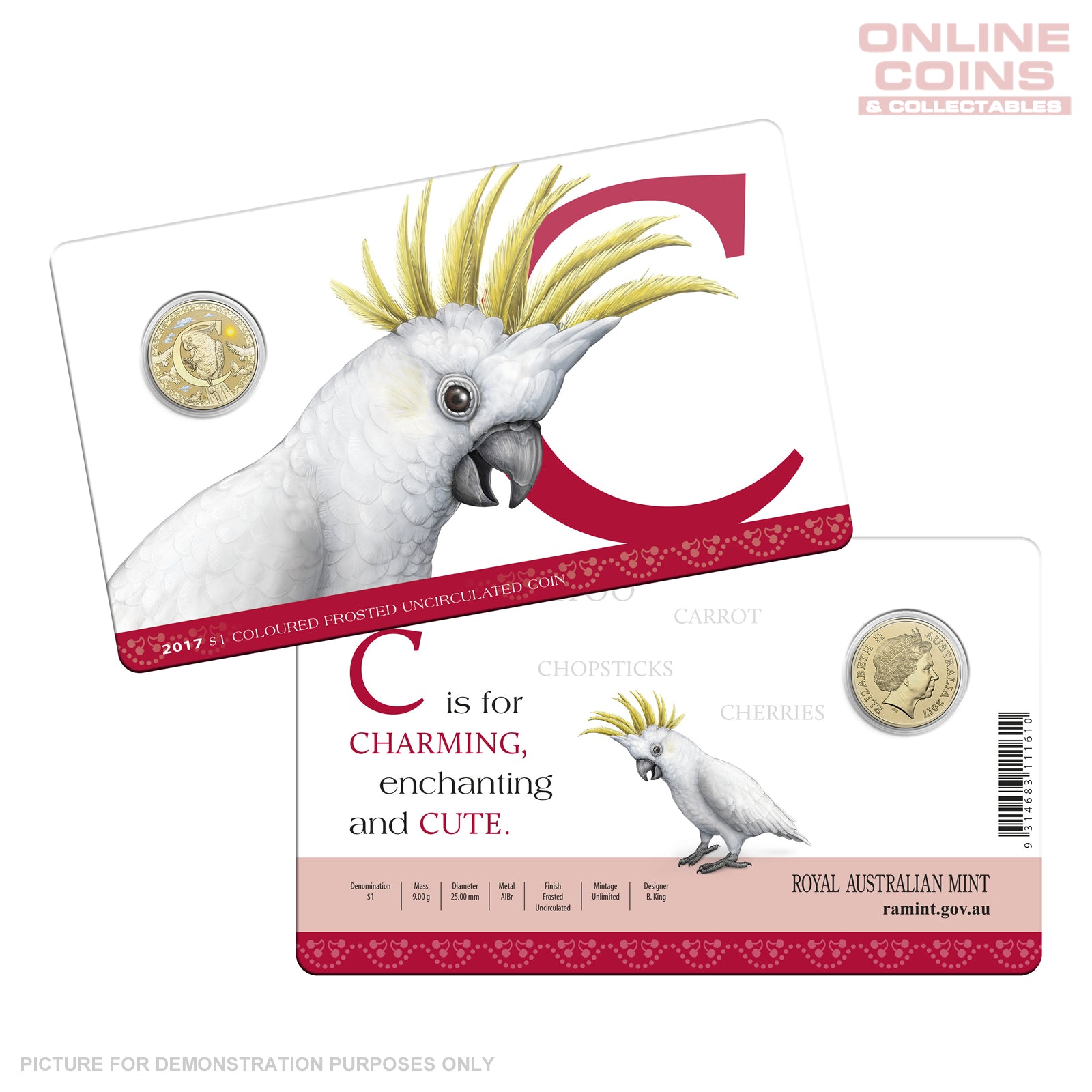 2017 $1 Coloured Alphabet Frosted Coin In Card - C For Cockatoo